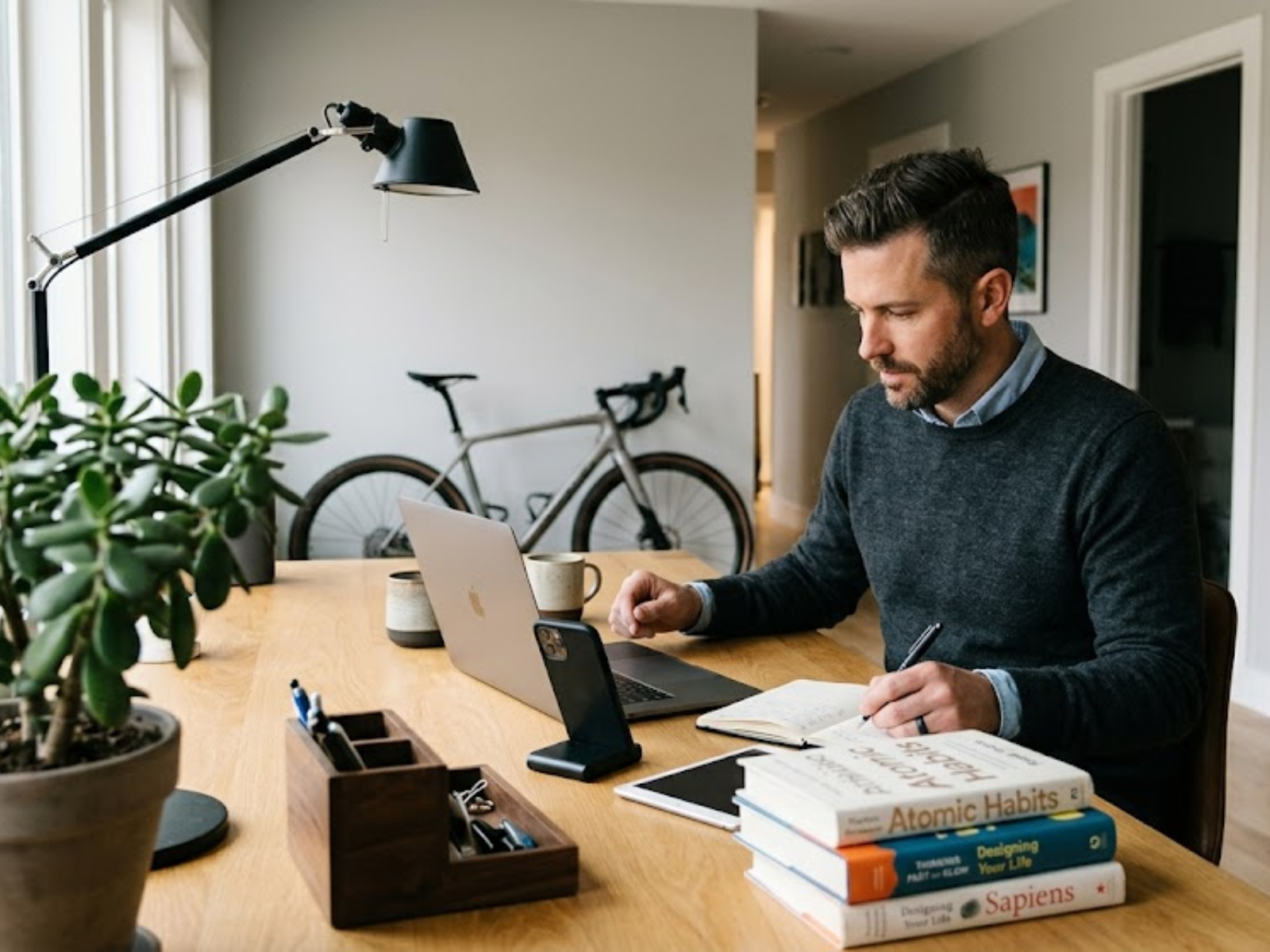 A professional working remotely from a home office